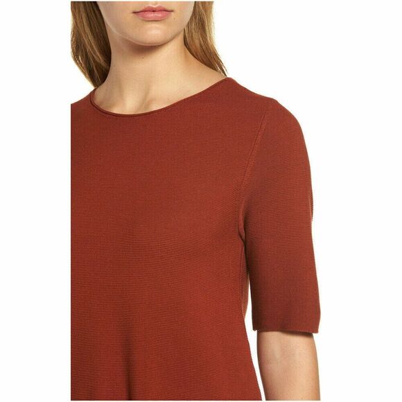 EILEEN FISHER Brick Red 100% Tencel Knit Drapey High Low Top Small Petite - Picture 7 of 10